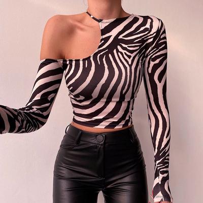 2023 Spring Short Top Y2K Tees Streetwear New Girls Women's T-shirt Long Sleeve Strapless Irregular Zebra Print Top