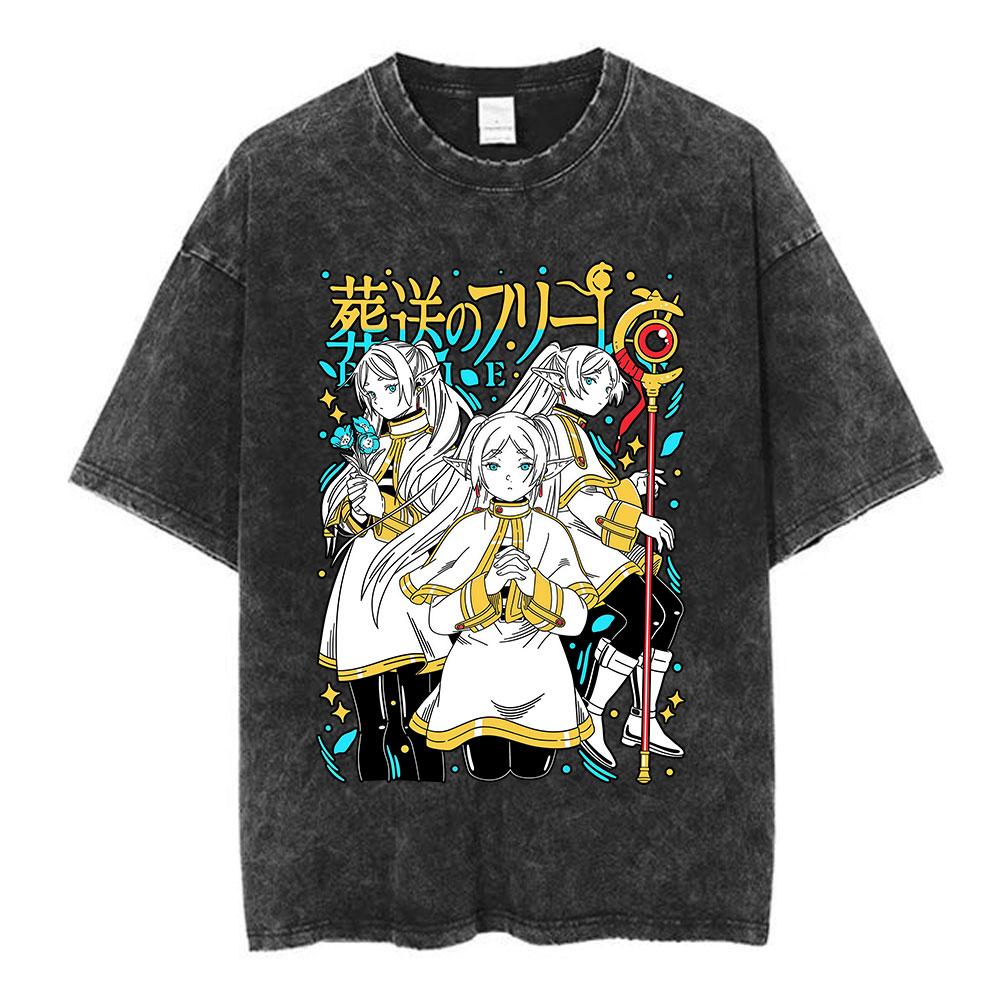 Washed Vintage Anime Frieren Beyond Journeys End Himmel Tshirt Men Women Fashion Harajuku Short Sleeve Cotton Casual Tshirts