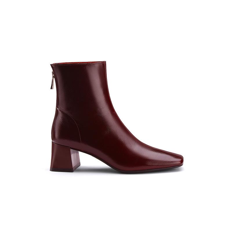 Spot Second Hair~ Grape Mother Same Style #French Elegant Square Head Thick High Heel Retro Fashion Thin Short Boots Women's Autumn and Winter