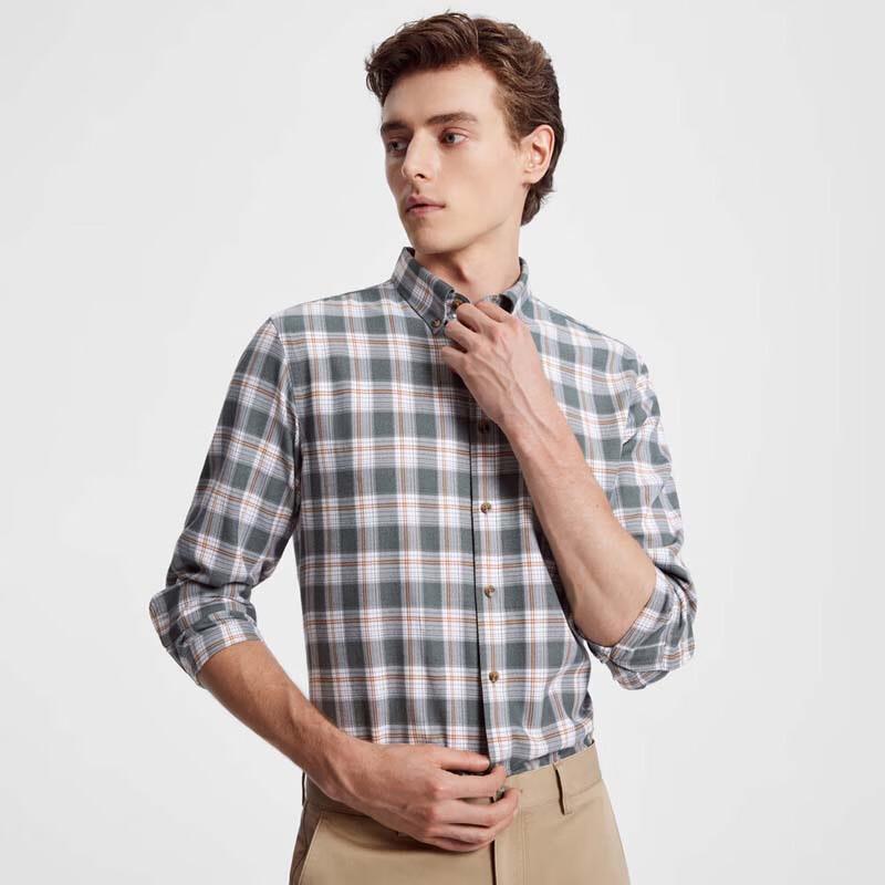 YOUNGOR Men's Plaid Flannel Long-Sleeve Shirt