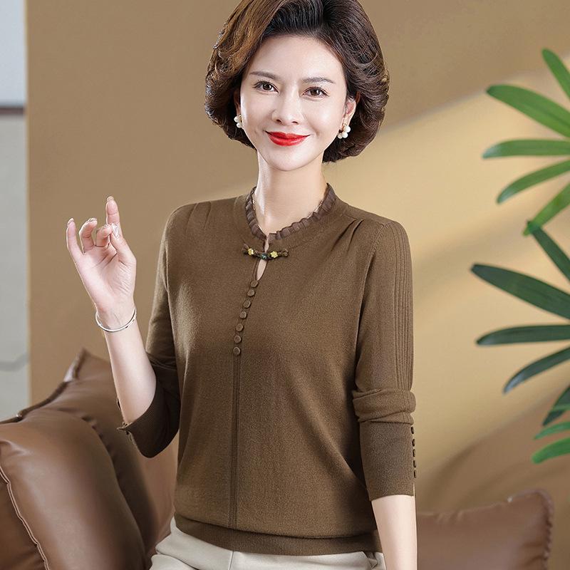 Spring Long-Sleeved T-shirt for Middle-aged Women - Stylish Base Layer for 50s & 60s