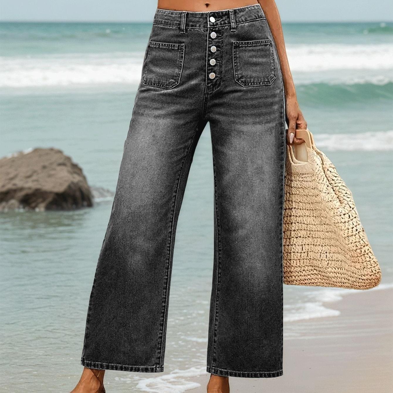 

Європейські та американські модні джинси жіночі на ґудзиках, вільні прямі штани L чорний