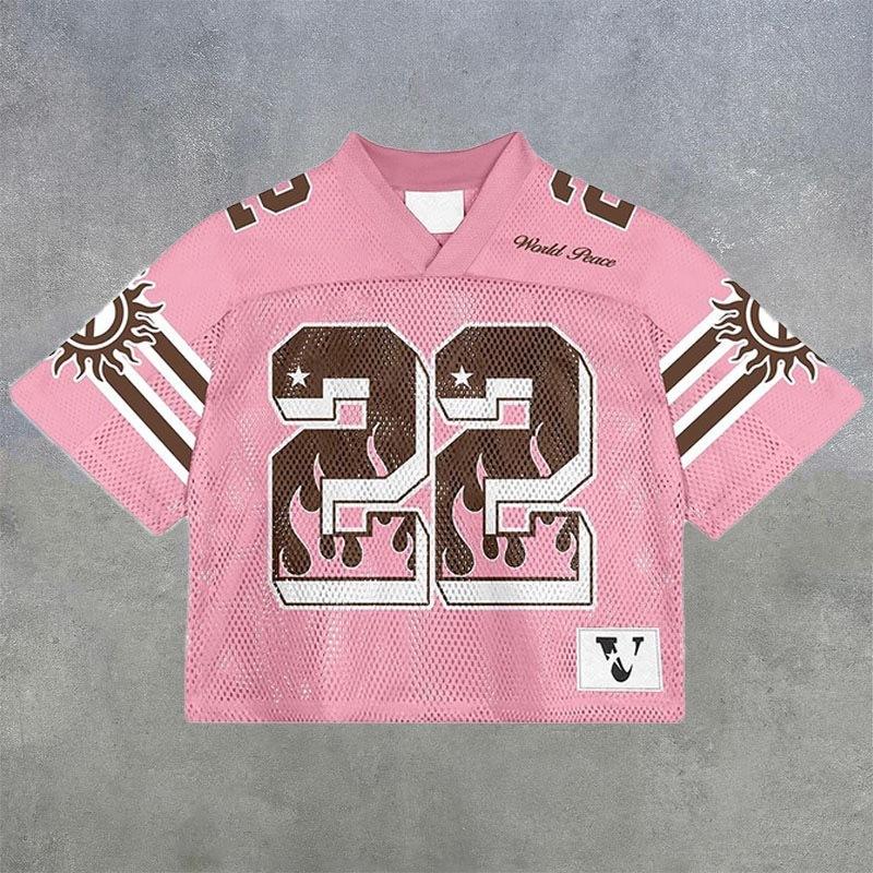 Maglietta americana Y2K, stile Harajuku, hip hop, moda, maglia da football, streetwear, vintage, casual, traspirante, con giunture, ampia, manica corta