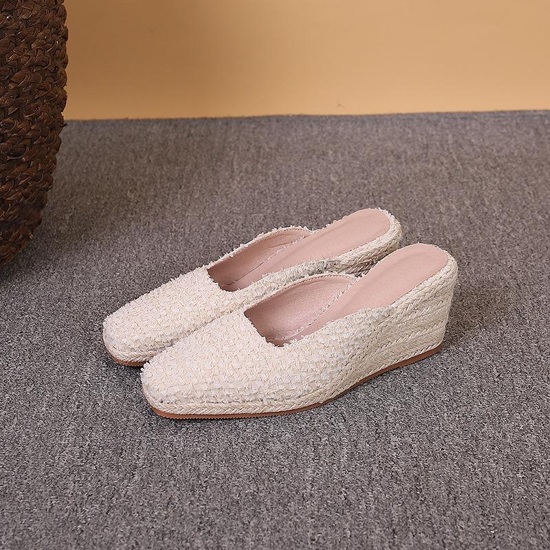 Pantofole da Casa alla Moda Scarpe con Plateau Punta Appuntita Tacchi da Donna a Zeppa Med Morbide Copertura Alta Cinturino con Fibbia Tessuto Elastico TPR Quadrato Sexy