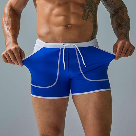 Men Summer Swimming Trucks Mid-rise Drawstring Patchwork Color Pocket Swimming Shorts Quick-Drying Stretch Beach Surfing Shorts