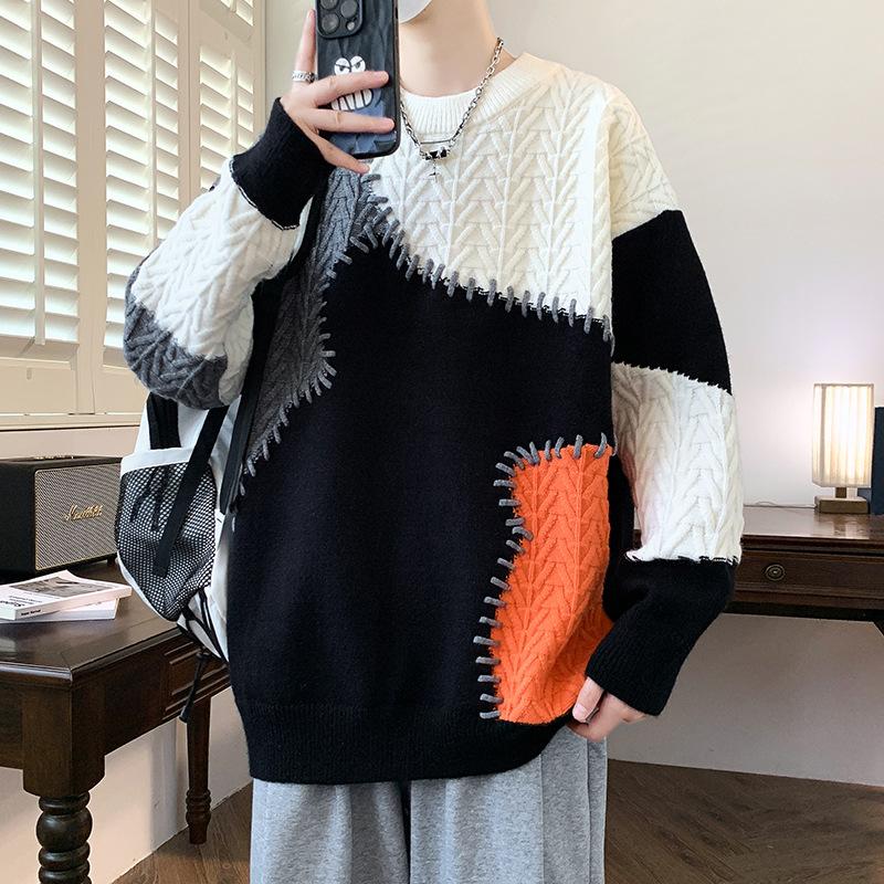 Sweater Men's Knitted Sweater American Contrasting Splicing Casual Round Neck Sweater Men