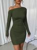 2025 European and American Fashion and Sexy Pleated Slim-fitting Long-sleeved Hip-wrapped Diagonal Neck Solid Color Dress Women's Clothing