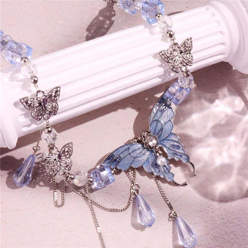 Temperament Rhinestone Butterfly Necklace for Women Girl Elegant Green Crystal Long Tassel Necklace Aesthetic Party Jewelry