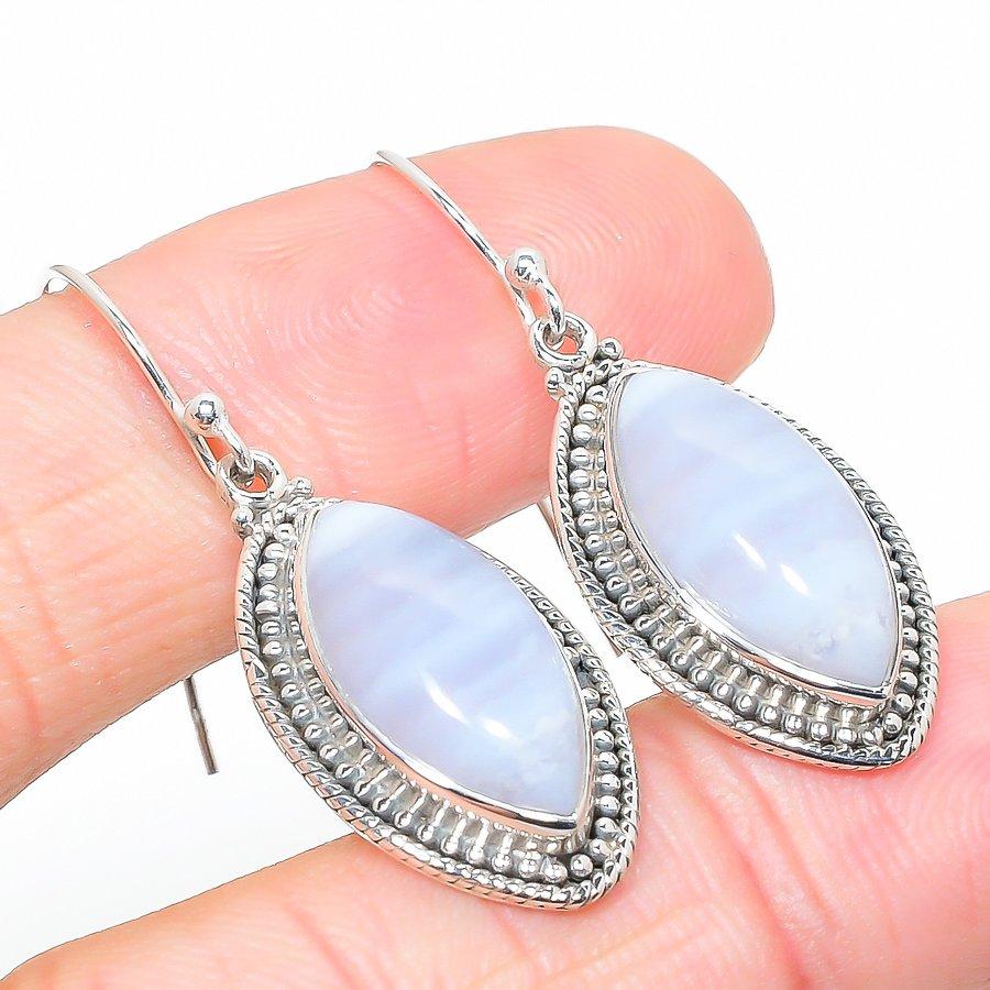 Natürlicher Blauer Spitzenachat Edelstein 925 Massiv Sterlingsilber Ohrring 1,50" l9J36