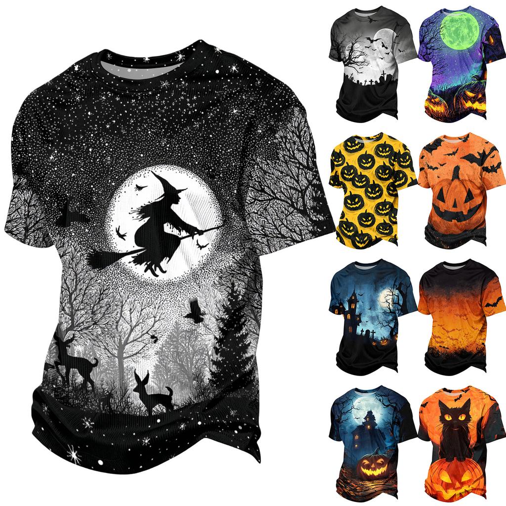 Men's Casual Corduroy Short Sleeve Lightweight Breathable Round Neck Shirt Halloween Print Design Suitable for Everyday Wear