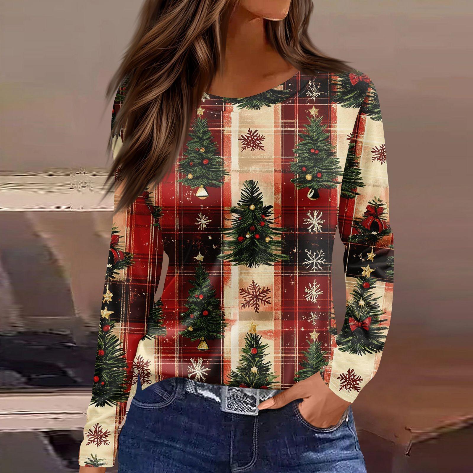 

Длинные рукава женские топы цветочный принт винтажная мода повседневные свободные с R-образным вырезом рубашки больших размеров Рождество XXL