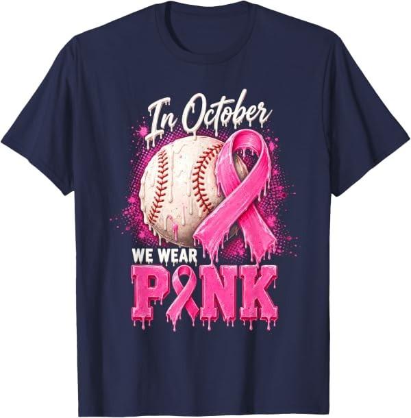 October We Wear Pink Baseball Breast Cancer Drip Ice Cream T-Shirt