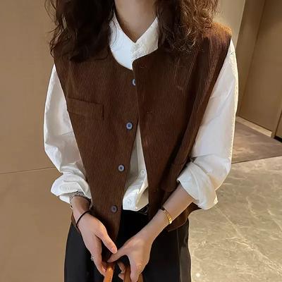 Spring Autumn Layered Fogn Style Cardigan Top Corduroy Vest for Women Versatile
