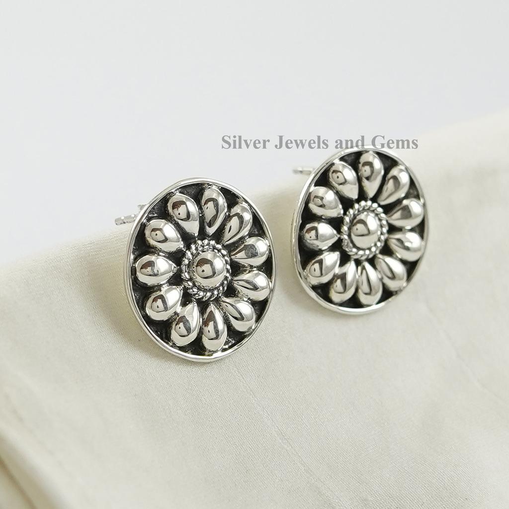 Puffed Stud Earring, Handmade Stud Earrings, 925 Sterling Silver Studs, Gift for Sister, Round Puffy Studs, Silver Dainty Jewelry