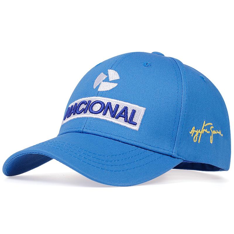 Embroidered baseball cap for racing, available in black and blue for a minimalist design
