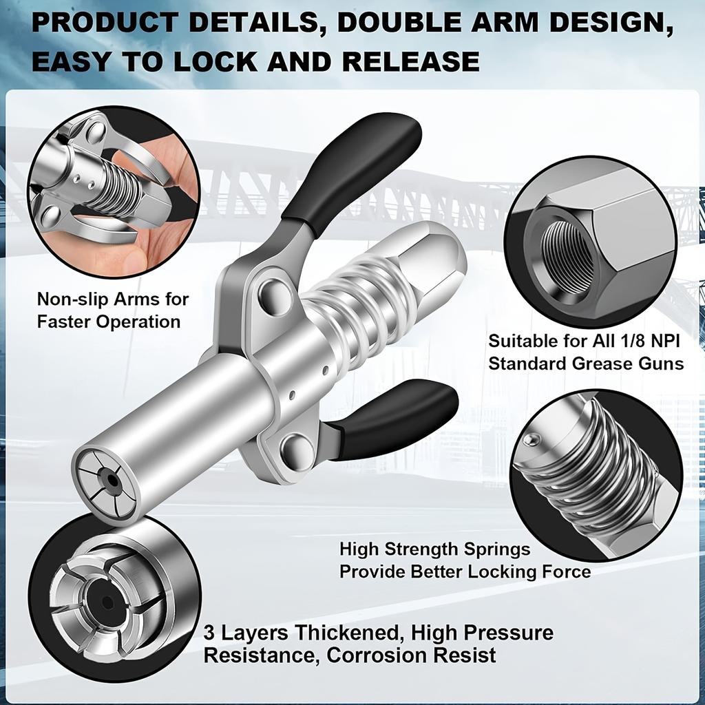 Grease Gun Coupler, Grease Joint Fittings, High Pressure Grease Nozzle Fittings, Compatible With All 1/8" NPT Grease Guns