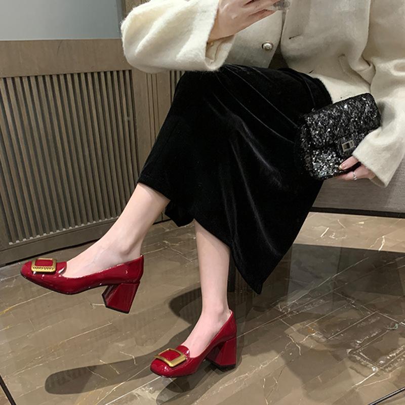 New High-heeled Single Shoe with Round Toe, Square Buckle and Thick Heel, Women's Shoes