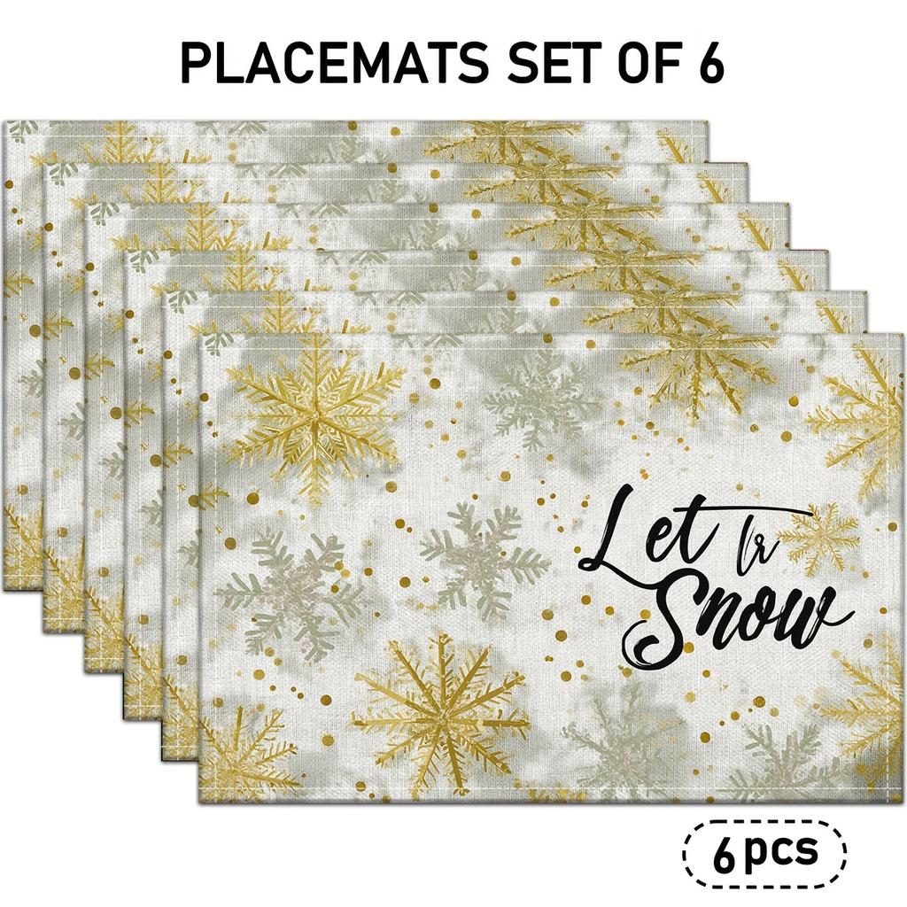 Set of 4/6 Winter Christmas Snowflake Placemats, Featuring Golden Snowflakes And Polka Dot Designs, Perfect for Festive Kitchen Table Decor, Everyday