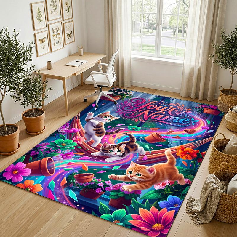 Cat Theme Crystal Velvet Rug Personalized Custom Name Text Soft Floor Mat Home Decor