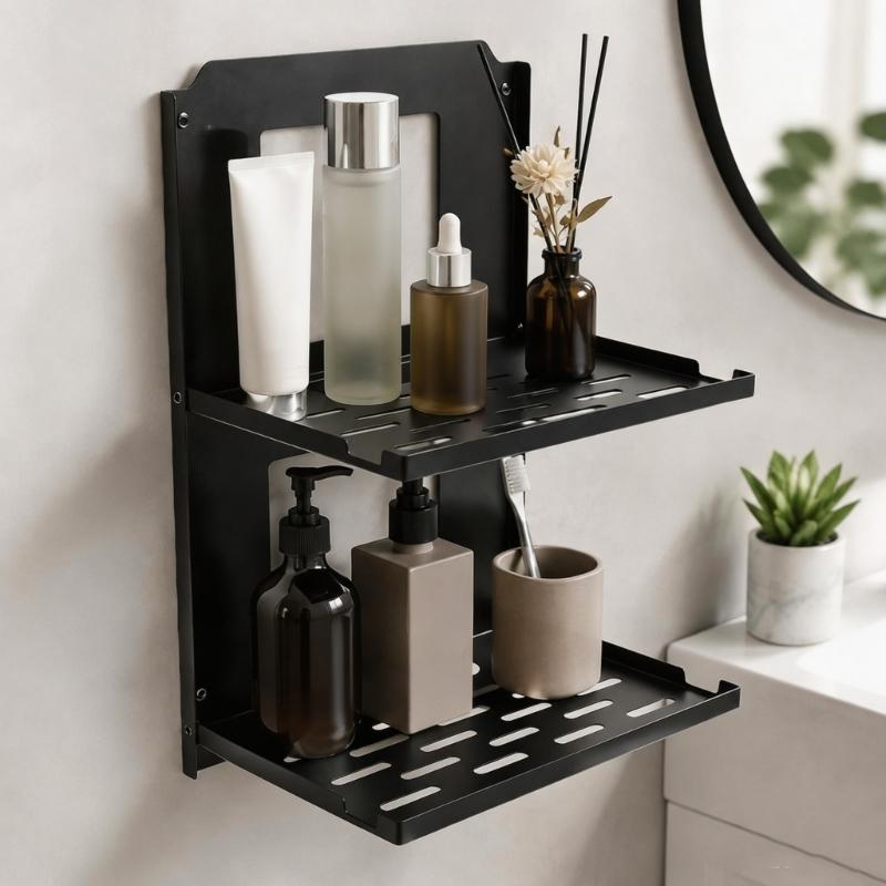 Folding Router Wall Shelf in Cold-Rolled Steel with Two Storage Levels and Cable Routing for Home Internet Devices