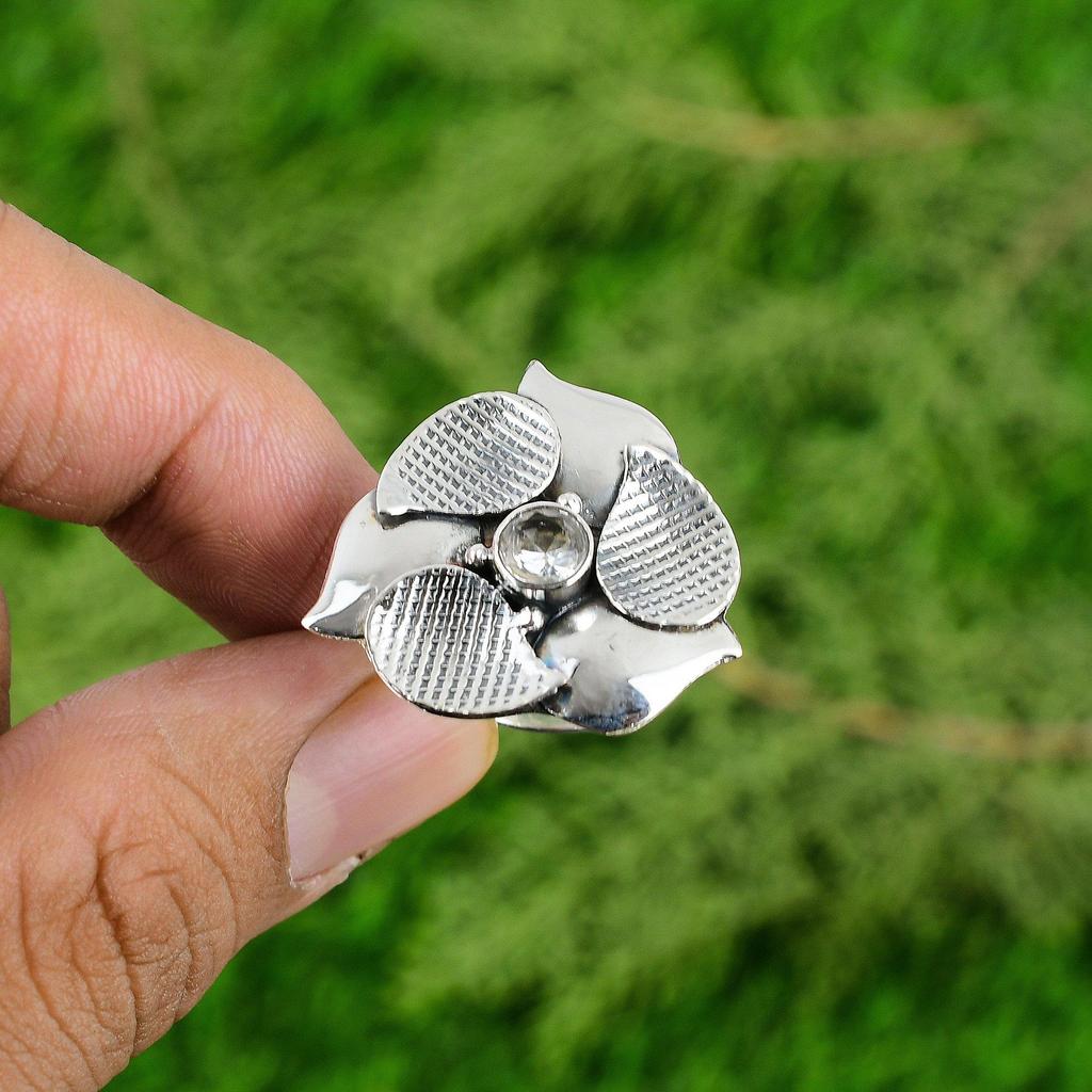 Natural White Topaz Solitaire Flower Adjustable Ring 925 Silver For Girls
