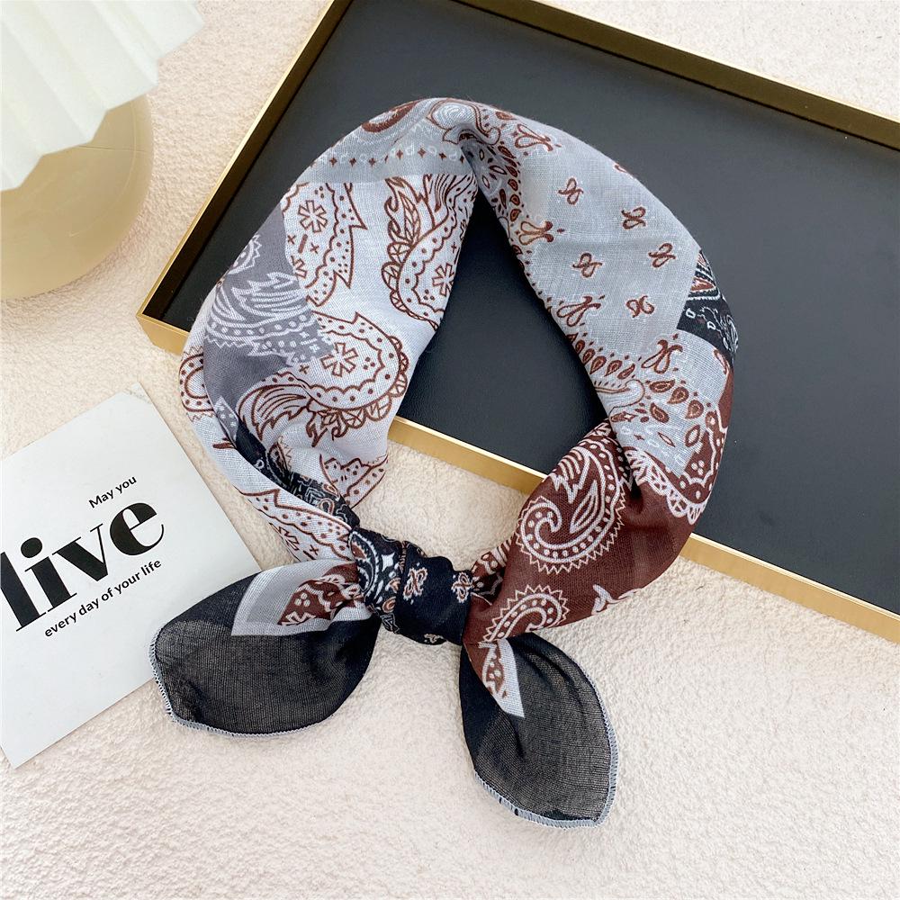 58 Cashew Silk Small Square Scarf: Korean Style Cotton Linen Printed Headscarf and Hairband for Women, Ideal for Spring, Summer, and Autumn.