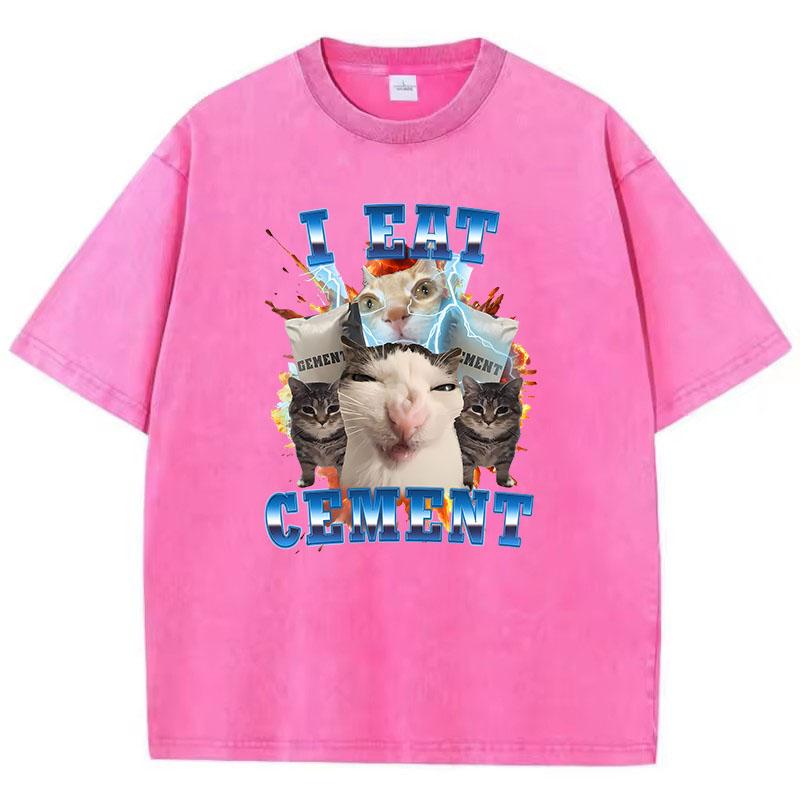 T-Shirt Vintage Gewaschenes Baumwoll-T-Shirt Ich Esse Zement Milch Katze Tier Grafik-T-Shirt Lässige Streetwear Frühling Sommer Herbst