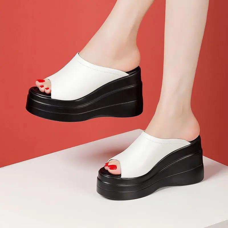 9.5cm Small Size 32-43 Comfortable Chunky Platform Shoes Genuine Leather Slippers 2025 High Heels Wedges Slides Office Model