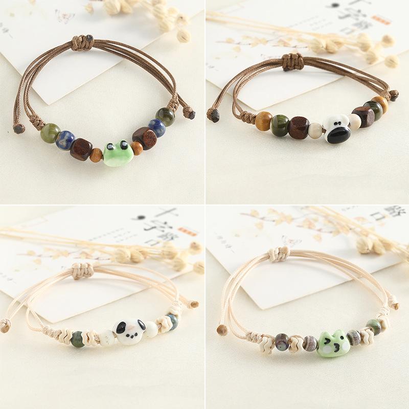 Cartoon Frog Dog Head Handwoven Hand Rope Mori Style Jingdezhen Ceramic Niche Versatile Bracelet For Women
