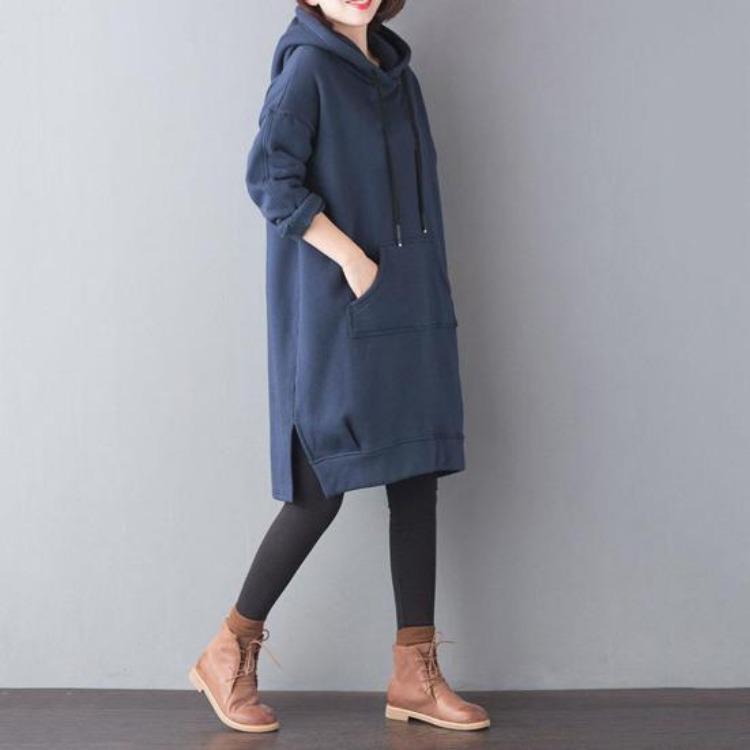 Damen Lockerer Dicke Hoodie Einfarbige Herbst Winter Plüsch Pullover mit Großer Tasche Kordelzug Geschlitzter Saum Knielang Tägliches Oberteil
