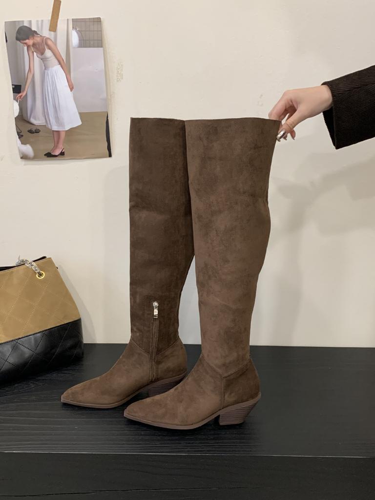 2025 Autumn and Winter New Big Tube Circumference Pointed Toe Over Knee Boots Thick Heel High Boots Medium Heel Boots Stacking Boots