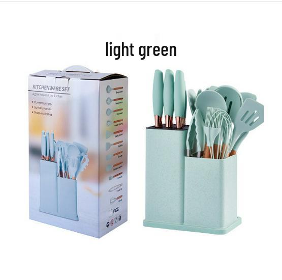 Spot Silicone Kitchen Utensil 19-Piece Non-Stick Set: Includes Spatulas, Spoons, Storage Bucket, and Knife Set.