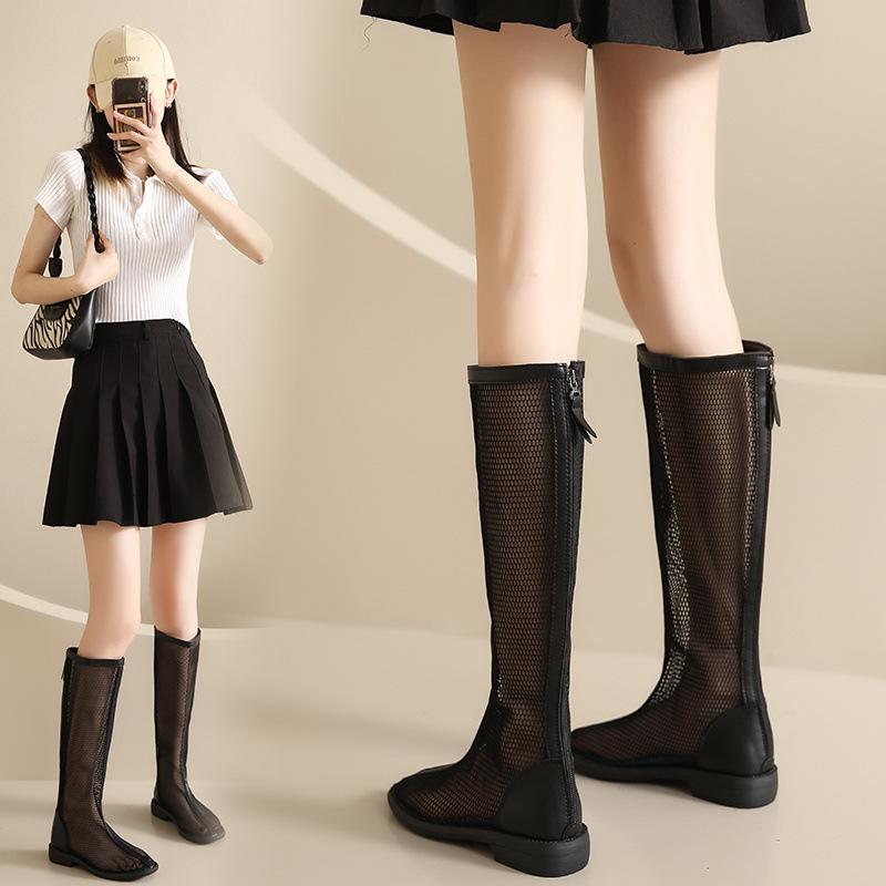 Hollow Long Net Boots Women's Boots Women's Spring and Autumn Summer Boots Thin Single Boots High Tube Medium Tube Martin Boots Breathable Women's Sho