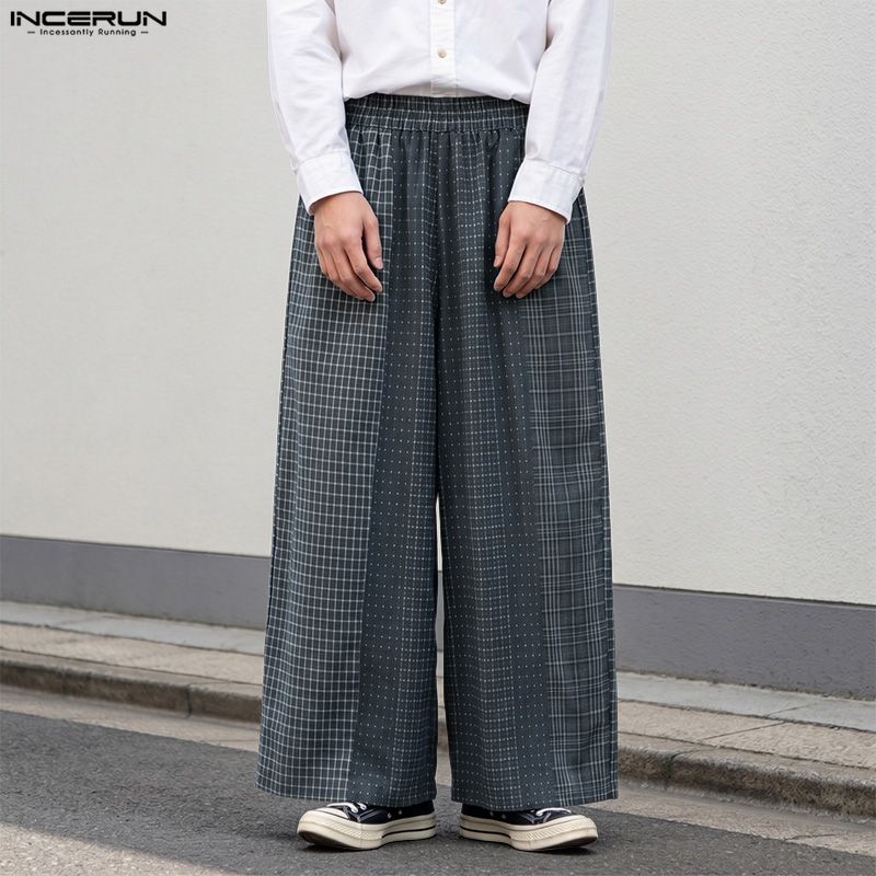 INCERUN Men's Plaid Wide Leg Trousers Elastic Waist Casual Straight Loose Pants