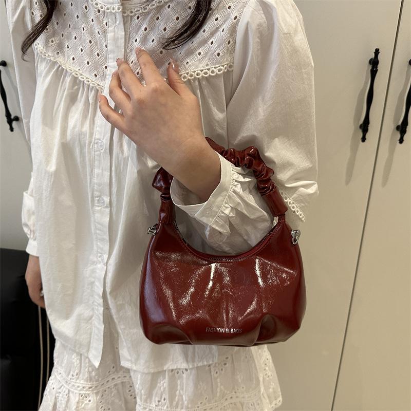 Chic Shiny Women Shoulder Y2K Bag, Crescent Ruched Handbag Purse with Pearl Bow Charm Adjustable ,Chain Strap Crossbody Bag