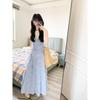 Women's summer high-end blue sleeveless beautiful pinched waist dress, summer temperament lace splicing hollow dress