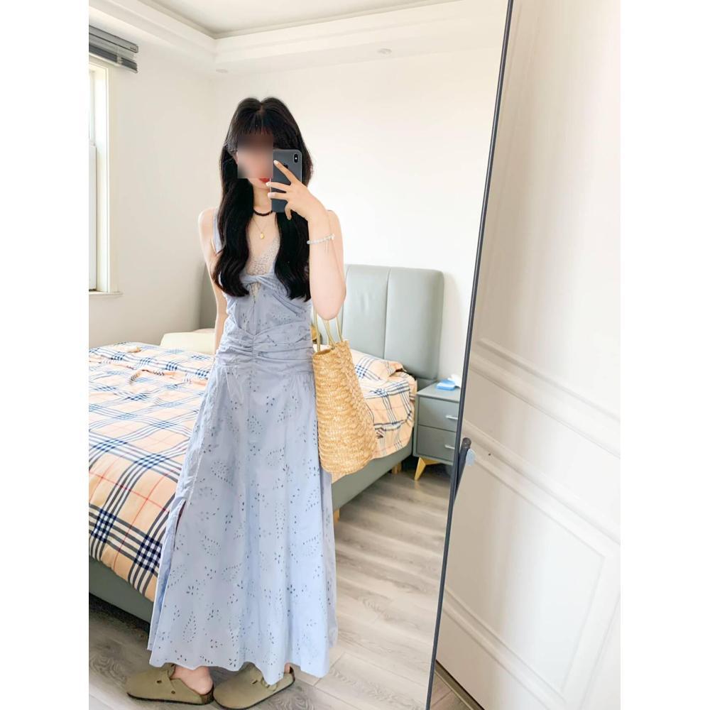 Women's summer high-end blue sleeveless beautiful pinched waist dress, summer temperament lace splicing hollow dress