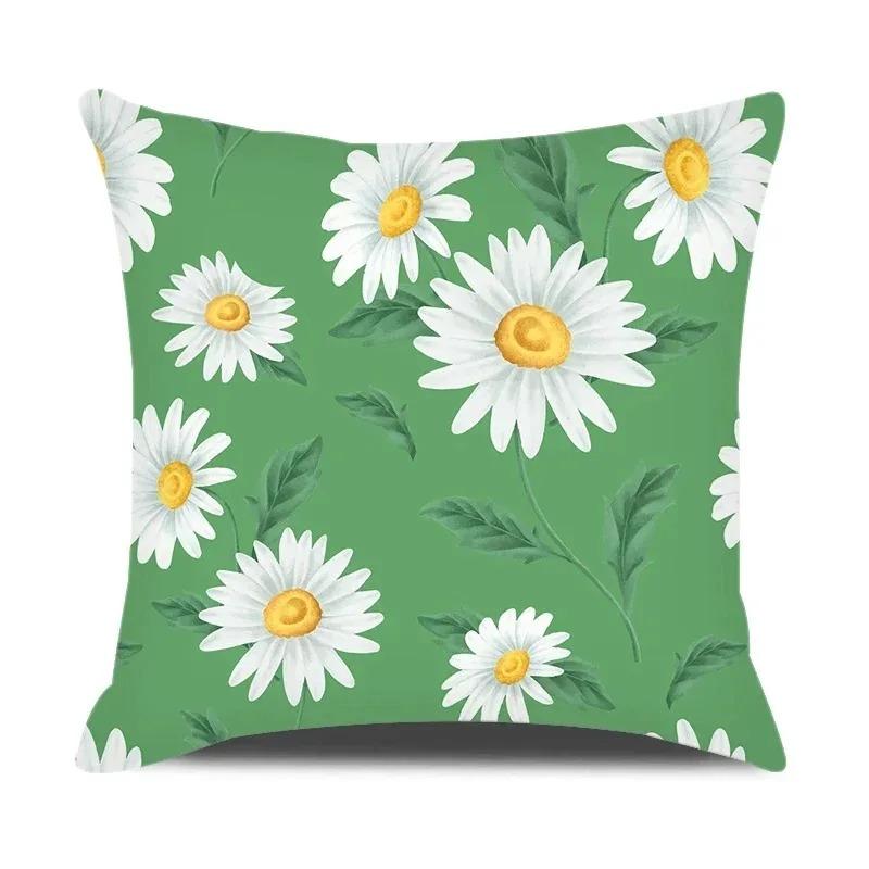 Daisy Flowers Green Yellow Plaid Double-Sided Printed Pillow Cover Short Plush Suitable Living Bedrooms Sofa Throw Cushion Cover