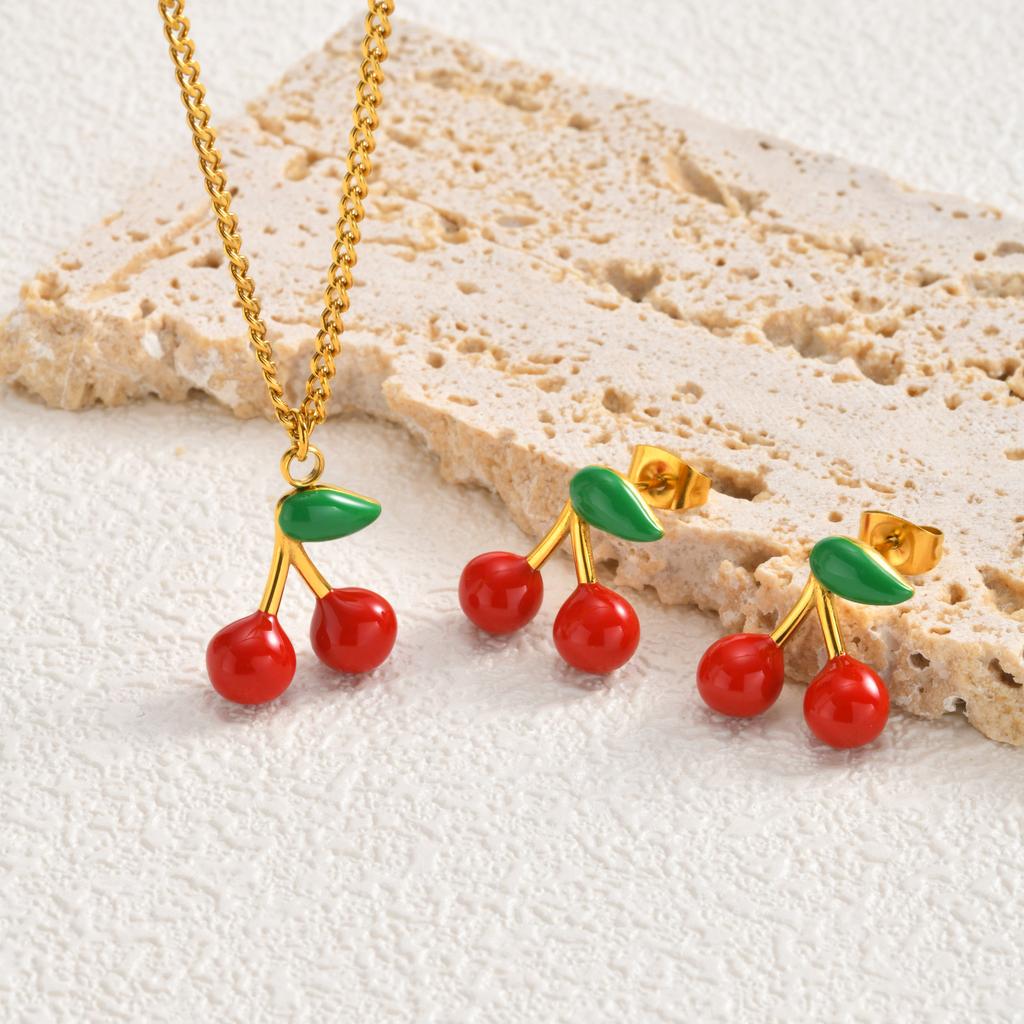 Vnox Vergoldete Kirsch-Ohrringe Anhänger Halsketten für Damen Niedliche Süße Emaille Obst Steckerohrringe Zubehör Trendiger Schmuck
