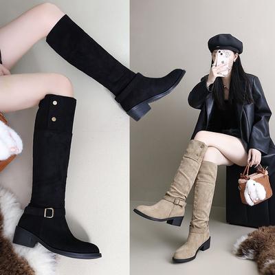 Spitze aber Kniehohe Stiefel Damen neue Herbst- und Winter Western Cowboy Stiefel mit Plüsch dicker Absatz Ritterstiefel große Größe