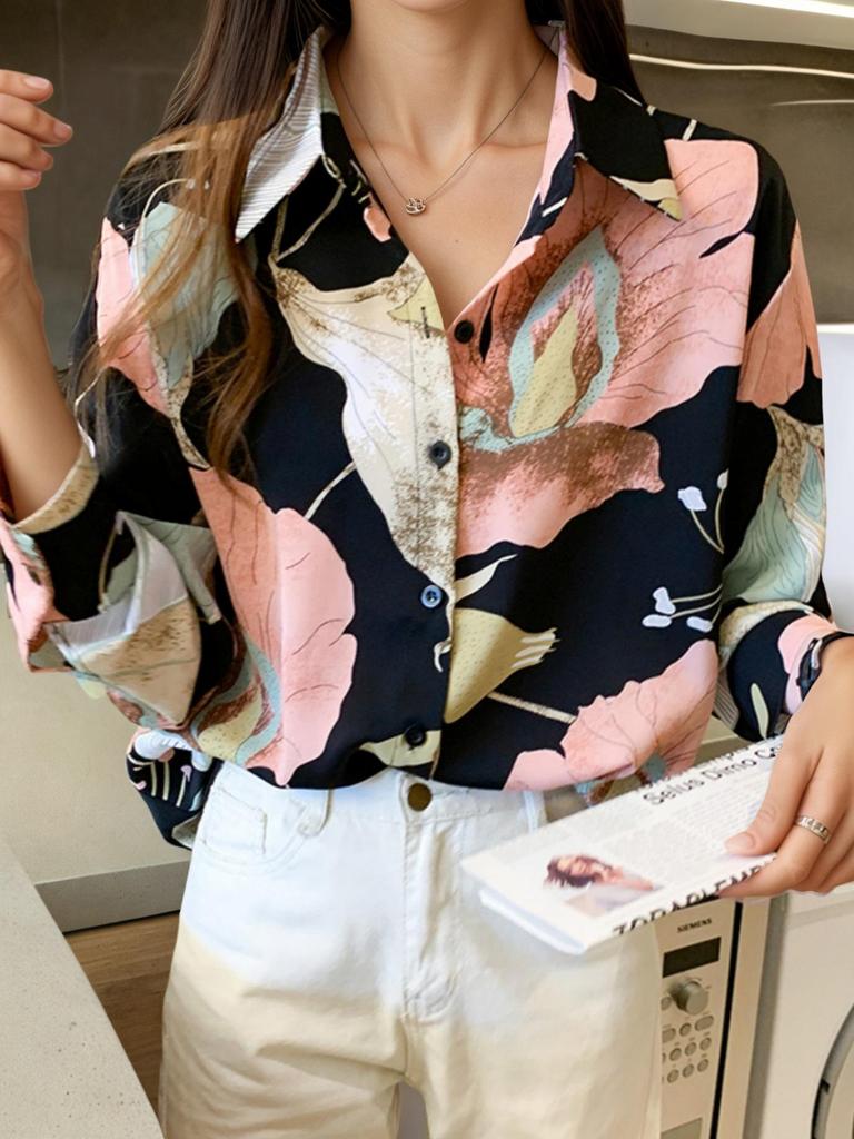 2026 Trendy Women's Long Sleeve Printed Shirt - European & American Style, Versatile Loose-Fit Top