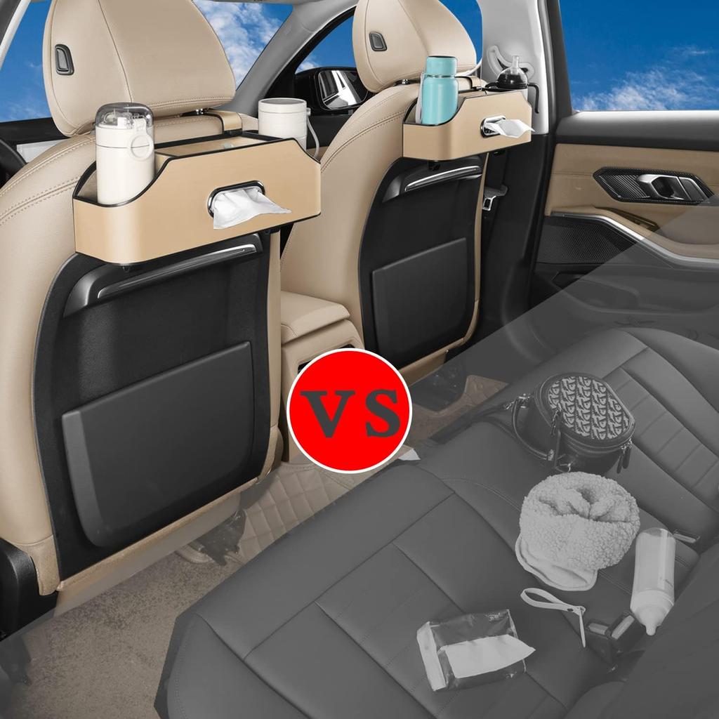 Car Back Seat Organizer with 2 Drink Cup Holder - Tissue Box and Storage Box Hook - Multi-Functional Storage - Great for Kids and Travel (Beige)