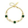 Gold Plated Double Layer Bracelet with Square Green Zircon, Vintage Emerald Charm Chain for Women, Dainty Elegant Daily Jewelry