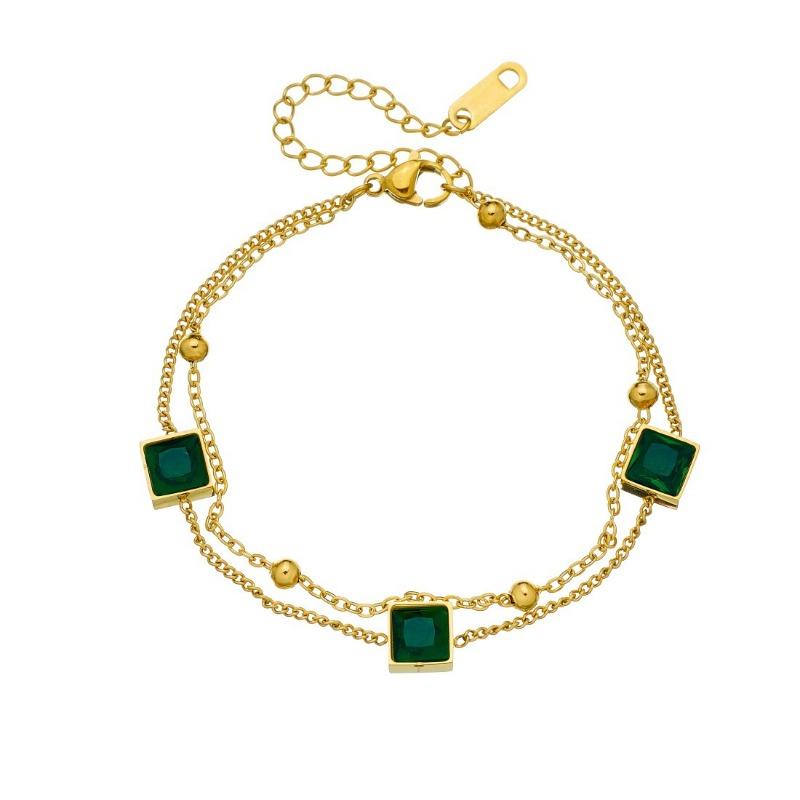 Gold Plated Double Layer Bracelet with Square Green Zircon, Vintage Emerald Charm Chain for Women, Dainty Elegant Daily Jewelry