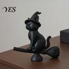 Dark Style Cat Statue Witch Figurine, Black Riding Broom Statue, 3D Printed Light Luxury Ornament Ornament, Collectible Desktop Decoration for
