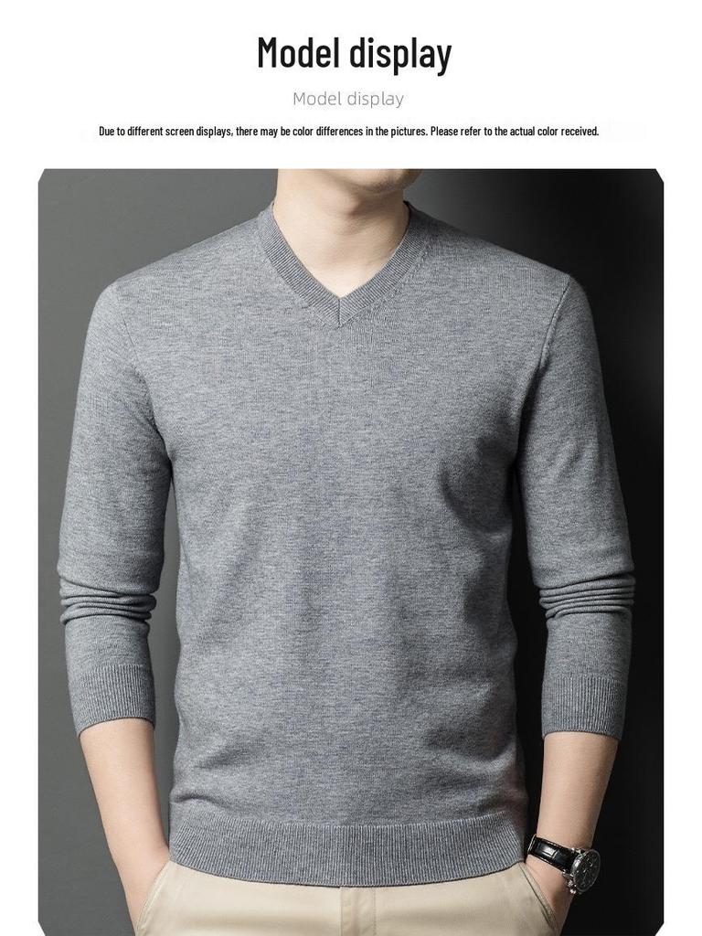 Men's Casual V-Neck Solid Color Knit Sweater - Autumn/Winter Long Sleeve Base Layer