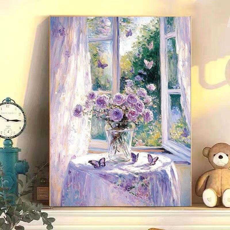 Diy Digital Oil Painting Windowsill Flower Series Hand-Filled Coloring Oil Painting Decompression Healing Decorative Hanging Painting