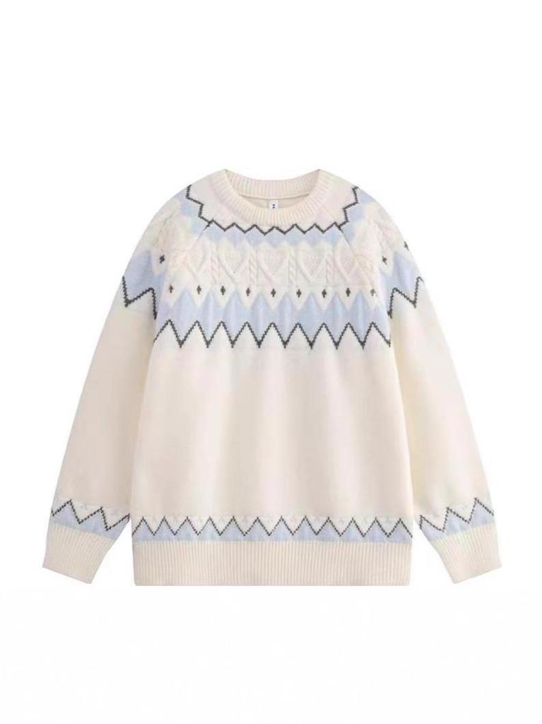 White Fair Isle Retro Women's Pullover - Autumn/Winter Korean Style, Soft Round Neck Loose Knit Sweater