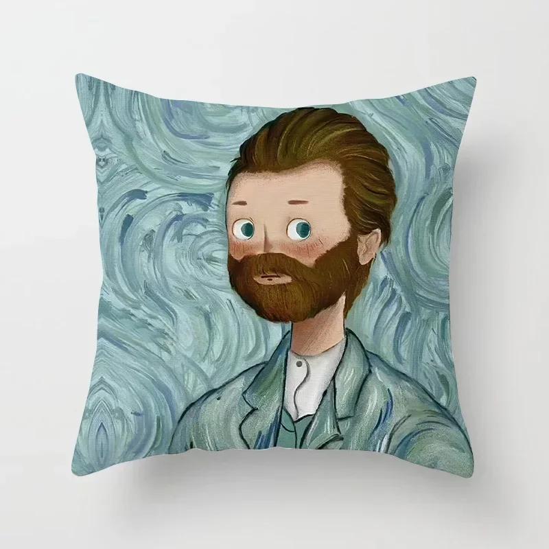 Creative Cartoon Oil Painting Mona Lisa  Gogh Cushion Cover Portrait Painting Throw Pillow Case Cojines Decorativos Para Sofa