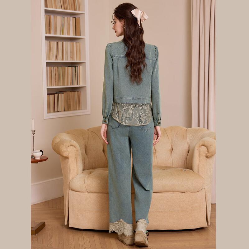 Retro Lace Trim Denim Two-Piece Set